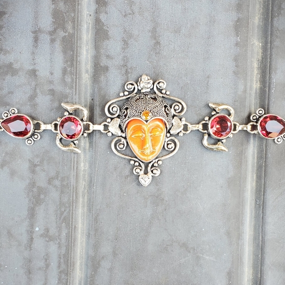 New Carved Goddess Face Multi Gemstone 925 Silver Bracelet. - Picture 5 of 15